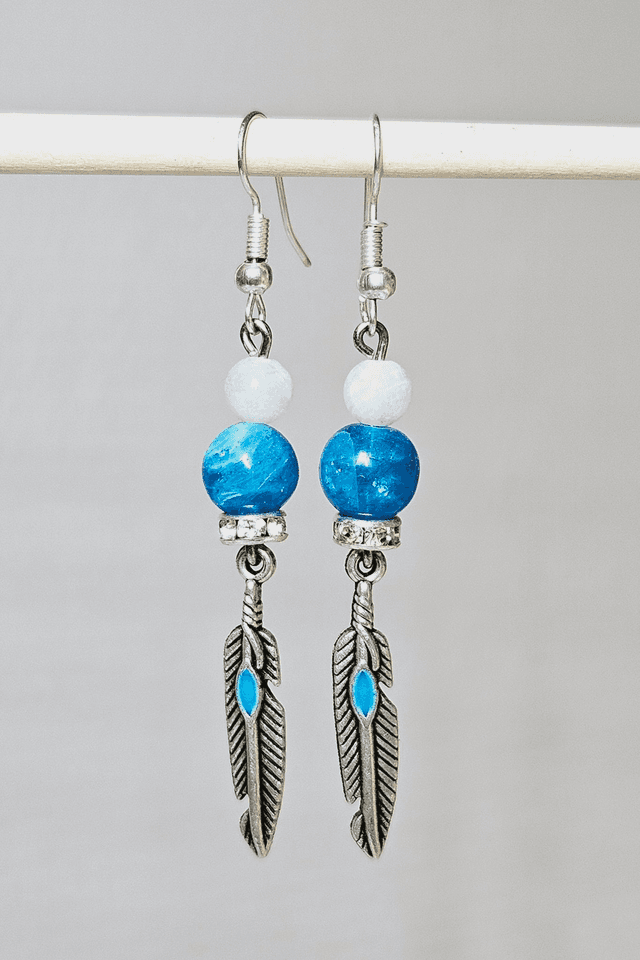 Boucles d&#039; oreilles acier inoxydable et pierres naturelles, pierre de lune/apatite, aqua aura, turquoise plume indienne