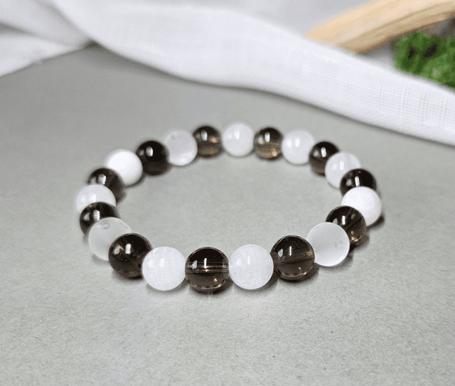 Bracelet Mixte &quot;SOIN DE L&#039;ÂME&quot; Quartz fumé, Pierre de lune.