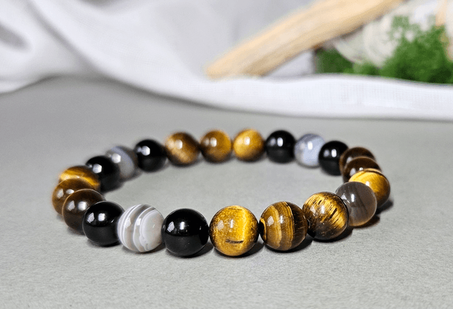 Bracelet Mixte &quot;ADDICTIONS&quot; agate Botswana, œil de tigre, tourmaline noire