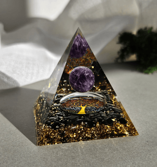 Pyramide Orgonite arbre de vie, Améthyste, Obsidienne noire