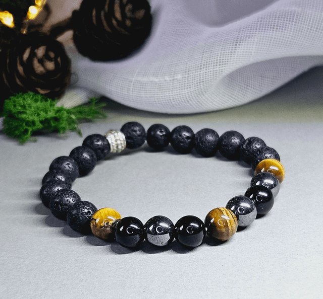 Bracelet mixte &quot; Protection &quot; Oeil de tigre, Pierre de lave, Tourmaline et Hématite