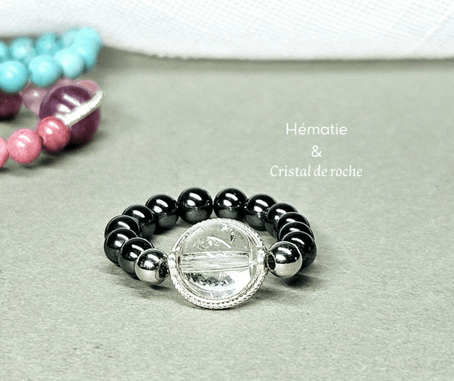 Bague élastique Hématite et Cristal de roche