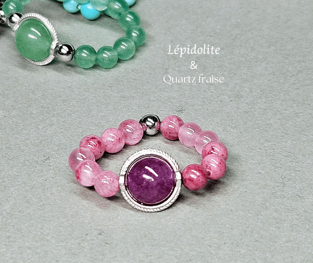 Bague élastique Quartz cerise et lépidolite